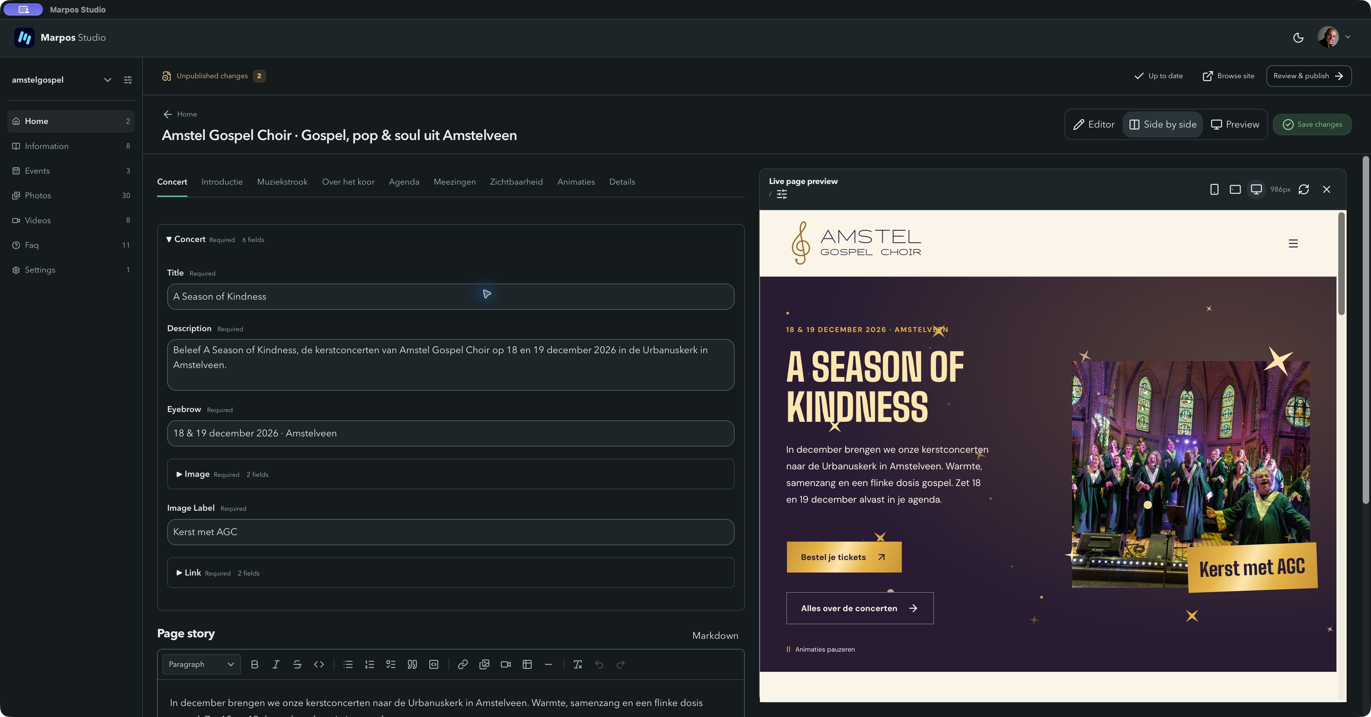Amstel Gospel Choir · Content bewerken naast de live websitepreview in Marpos Studio