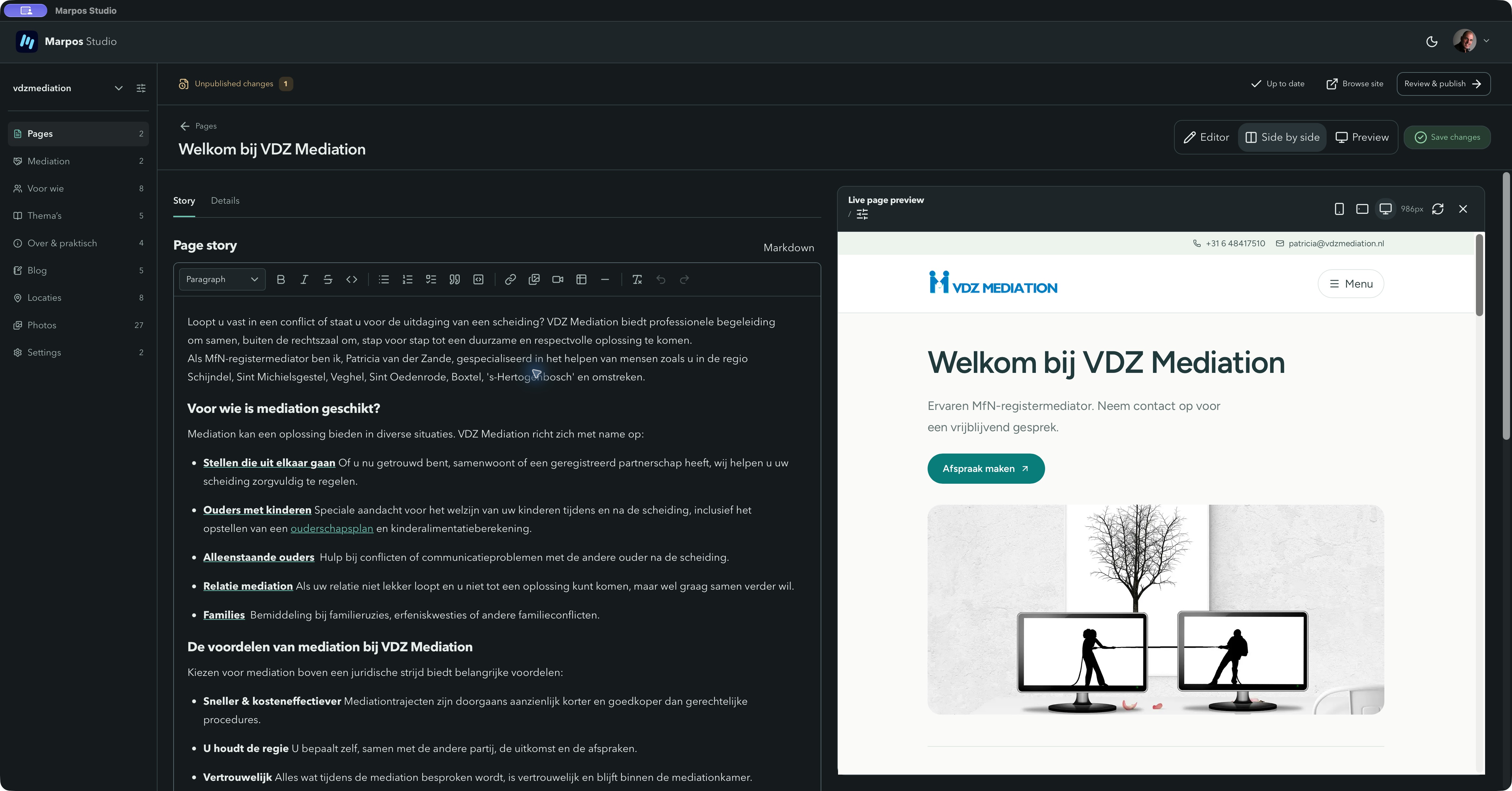 VDZ Mediation — Contenteditor & live preview